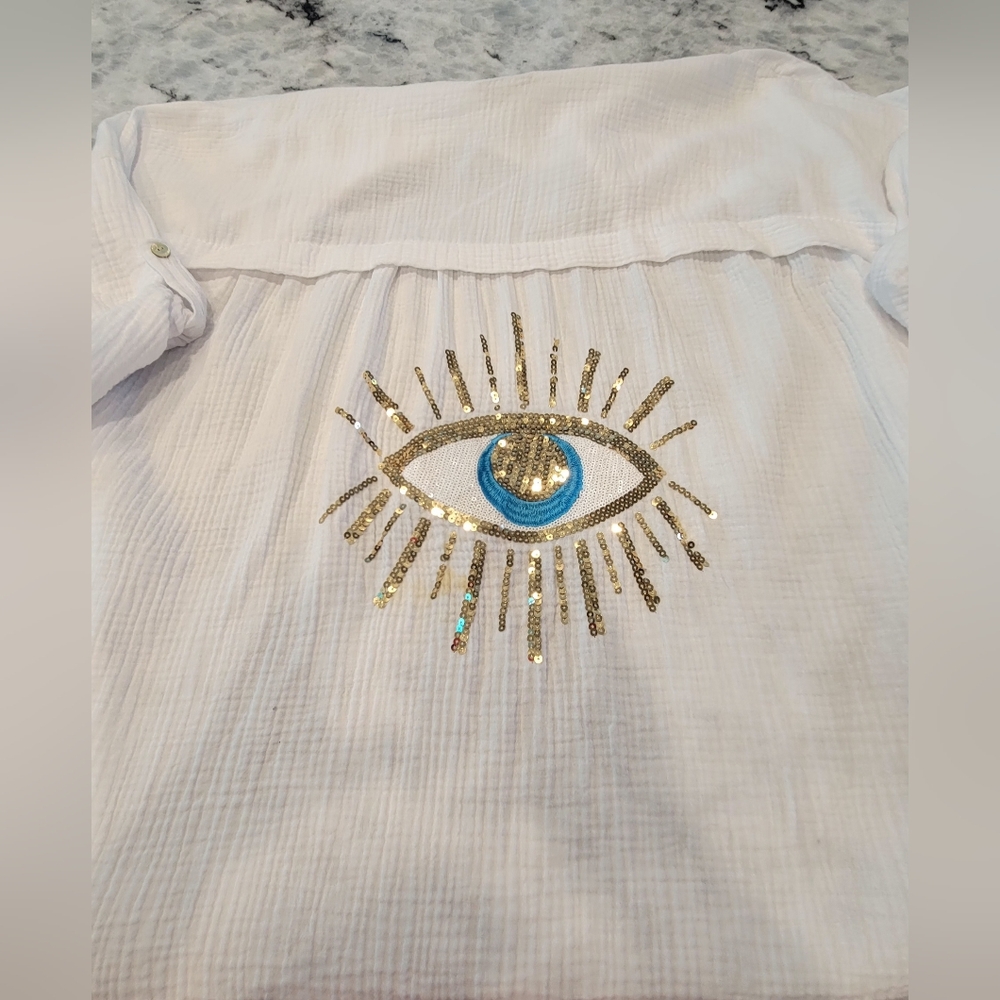 White Made With Love Button Down Shirt with Gold and Blue Eye Design